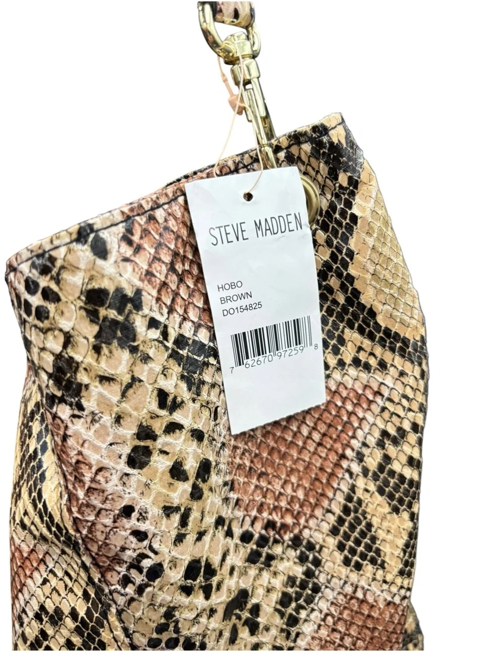 Steve Madden Faux Snakeskin Print Hobo Shoulder Bag Brown Gold Hardware NWT